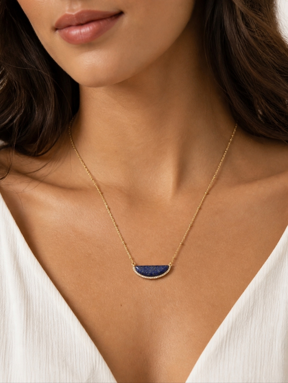 ✨ Elegant Lapis Lazuli Bar Necklace – Gold Tone with Pavé Detail ✨